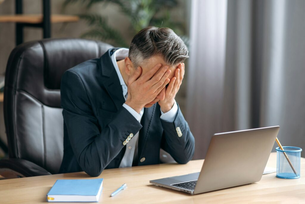 stress, fatigue, businessman, office, computer, pain
